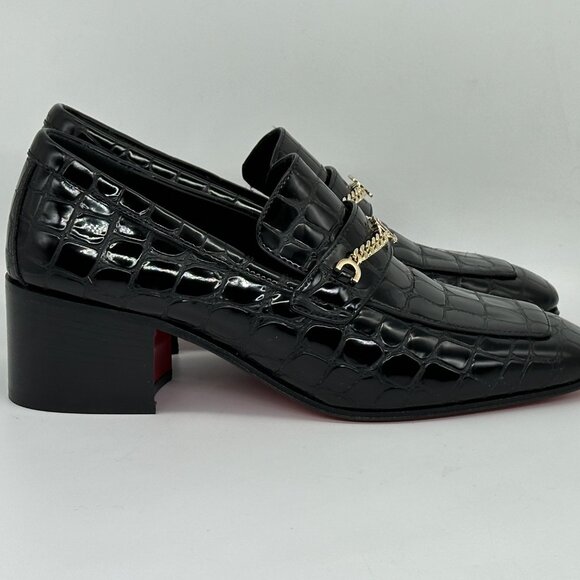 Christian Louboutin MJ MOC 50 Croc Leather Heeled Loafers Shoes Chain CL - Picture 10 of 16